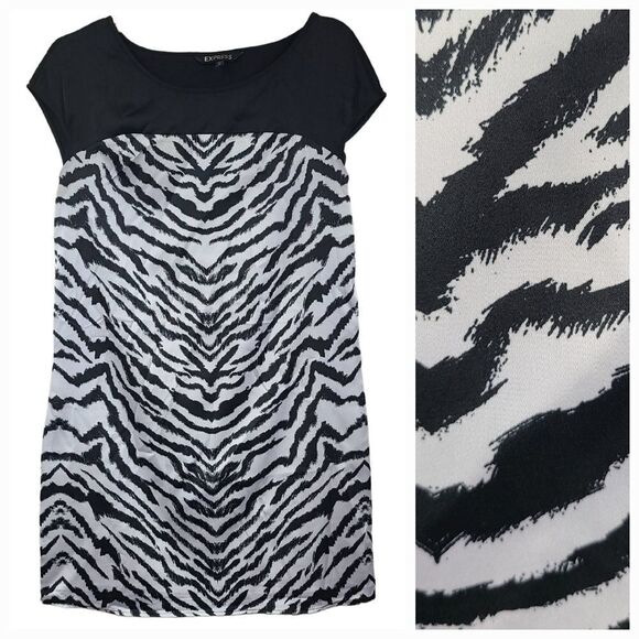 Express Zebra Stripe Women's XS Silky Soft Satin Lined Mini Shift Party Dress - Picture 1 of 9